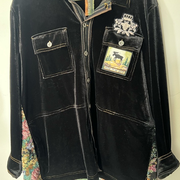 Aratta Silent Journey Tops - Antique Anthropology Black Velvet Floral Moose Patch Whimsigoth Vintage Grunge